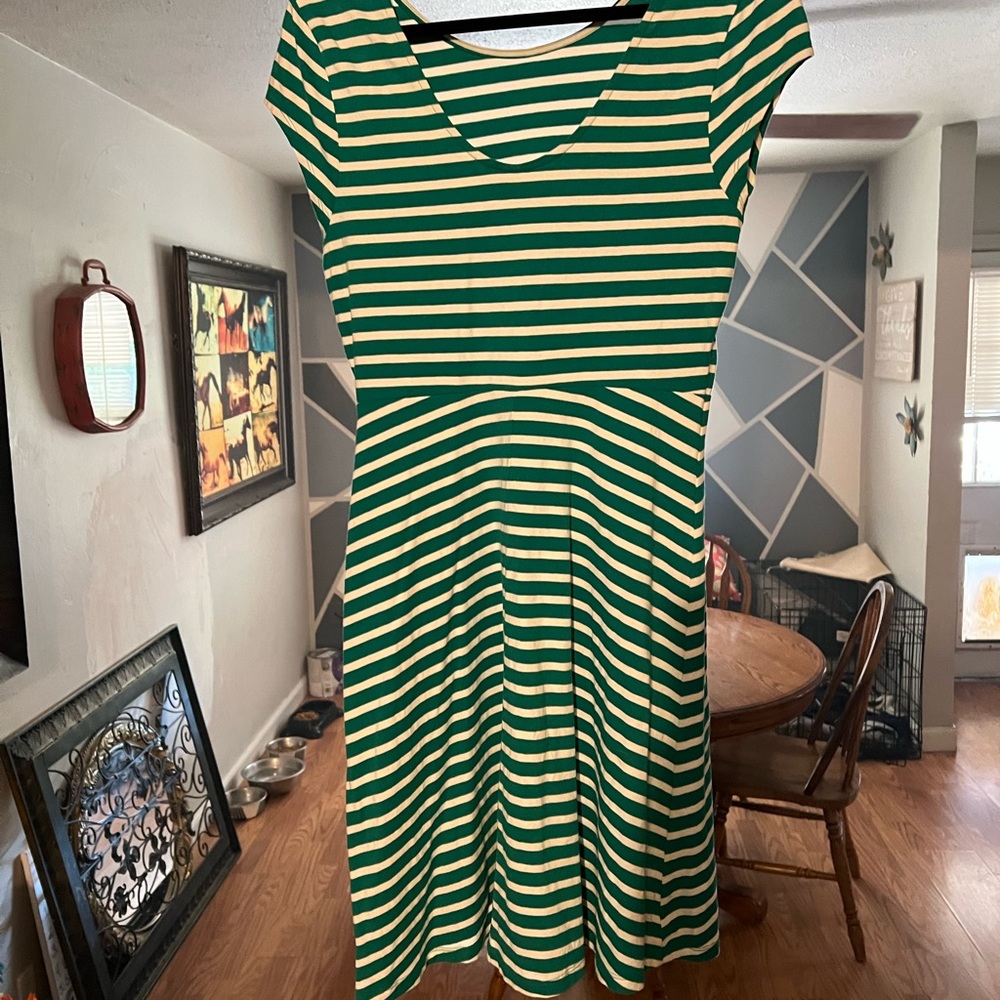 Green and white striped dress size large and red tropical cardi